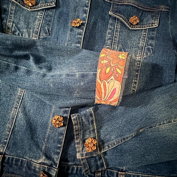 BEREK 2 by Takako Sakon Denim Jean Jacket—Crystal Buttons & Floral Lining Large - Picture 3 of 16